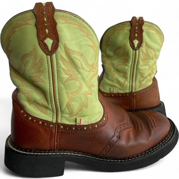 Justin Leather Lime Green Brown Roper Western Cowgirl Cowboy Boots Women's 8.5 B - Picture 1 of 14